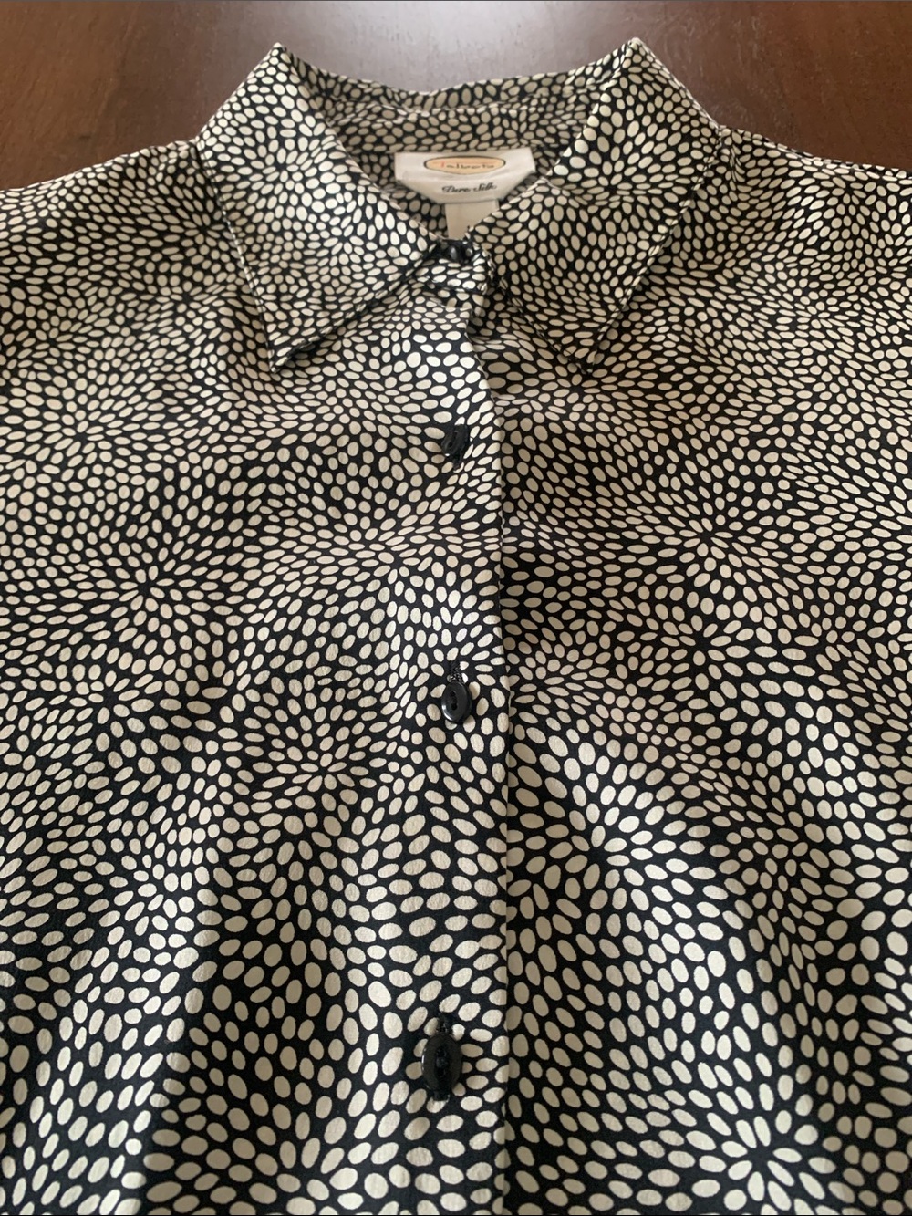 Vintage Talbots 100% Silk Button Down Blouse Black White Abstract Floral Size 14